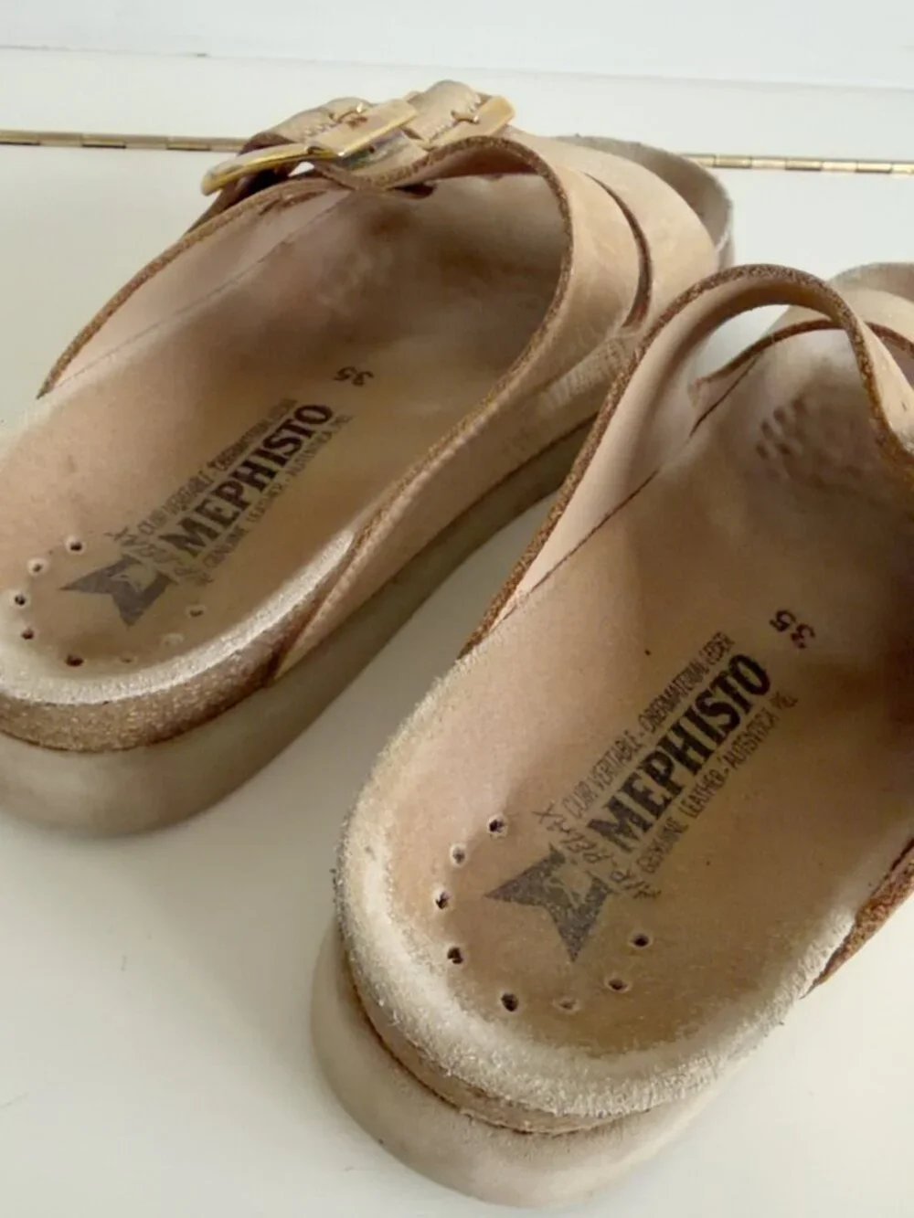 Mephisto Air Relax Metallic Gold Leather Slide Sandals Size 35